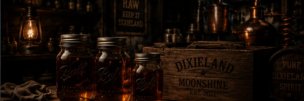 Rustikale Moonshine-Werkstatt mit Mason Jars und Kupferbrennerei